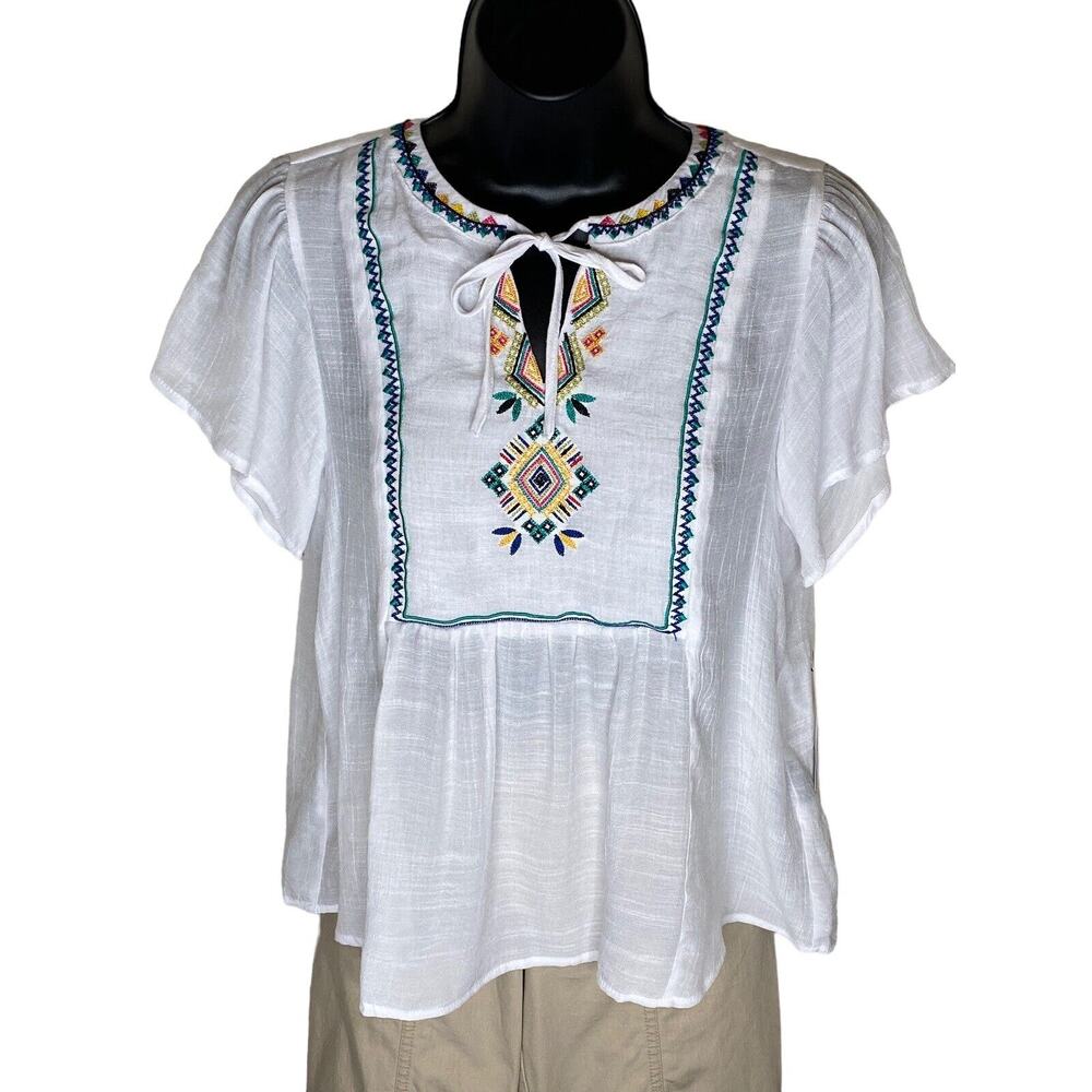 NWT Women's Blouse PS Zac & Rachel White V-Neck Southwest Embroidered SS Top